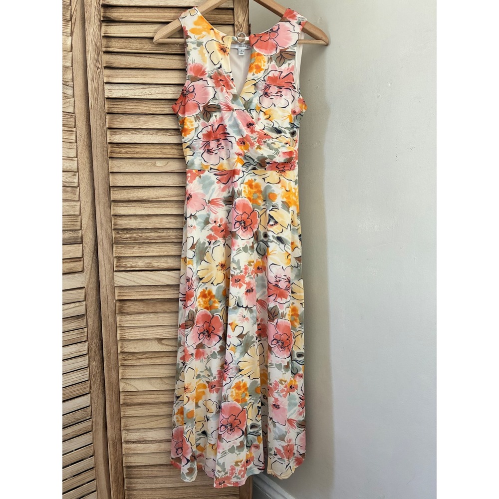 Studio One New York Floral Sleeveless Faux Wrap Midi Dress Coral Orange S Garden